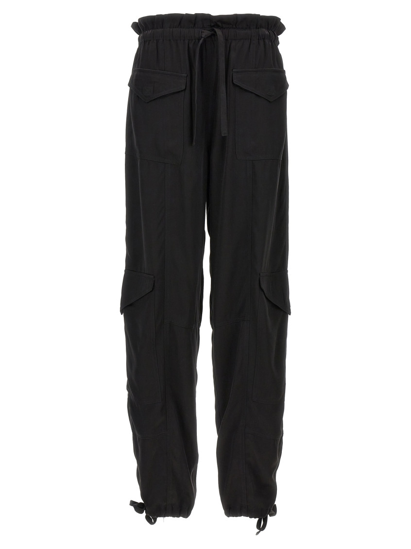 Ganni Black Cargo Pants With Drawstring In Satin Woman In Black