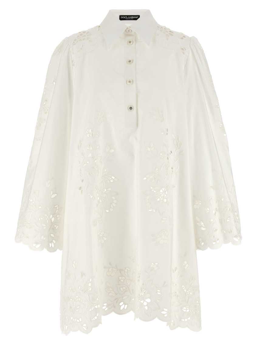 Dolce & Gabbana Sleeve Puff Embroidery Floral Hem Scalloped In White