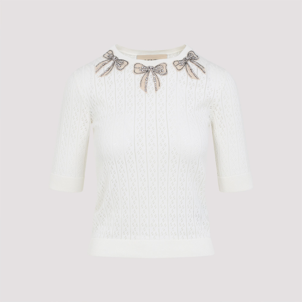 Valentino Bow-embellished Knitted Top In White