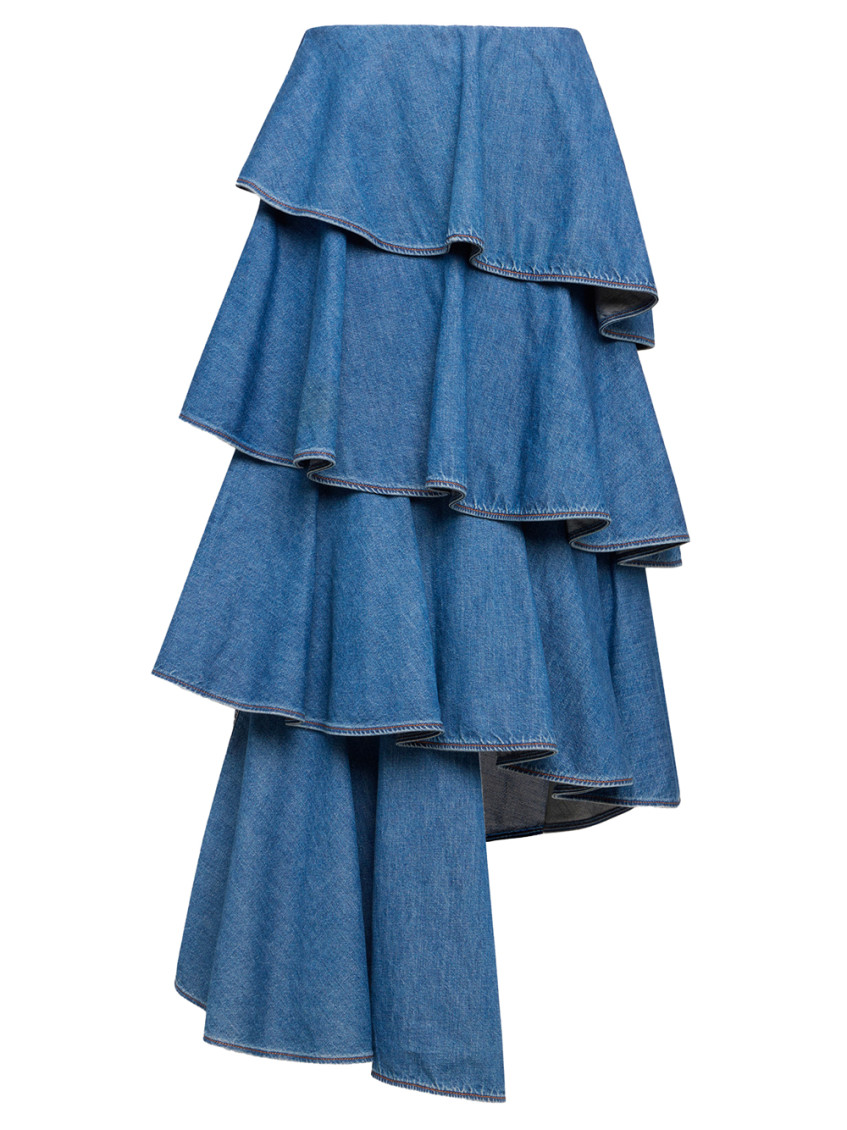 Alaïa High Waist Tiered Ruffled Denim Skirt In Blue