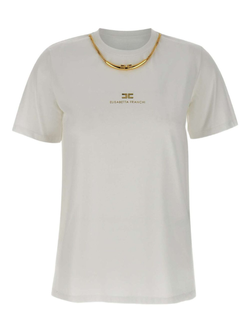 Elisabetta Franchi Logo-embellished Chain-neckline T-shirt In Gray