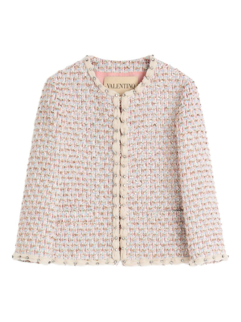Valentino Embroidered Ribbon Tweed Jacket In Neutral