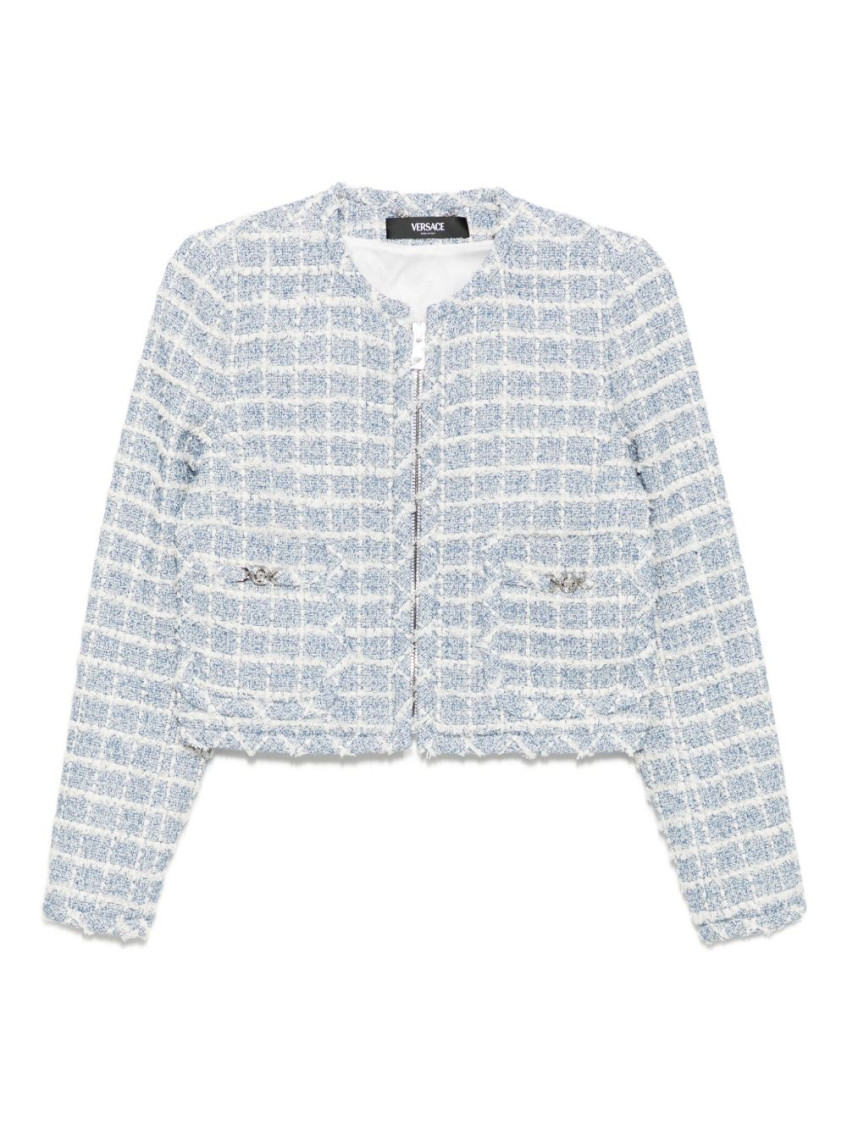 Versace Tweed Jacket With Frayed Edges And Pockets In Blue