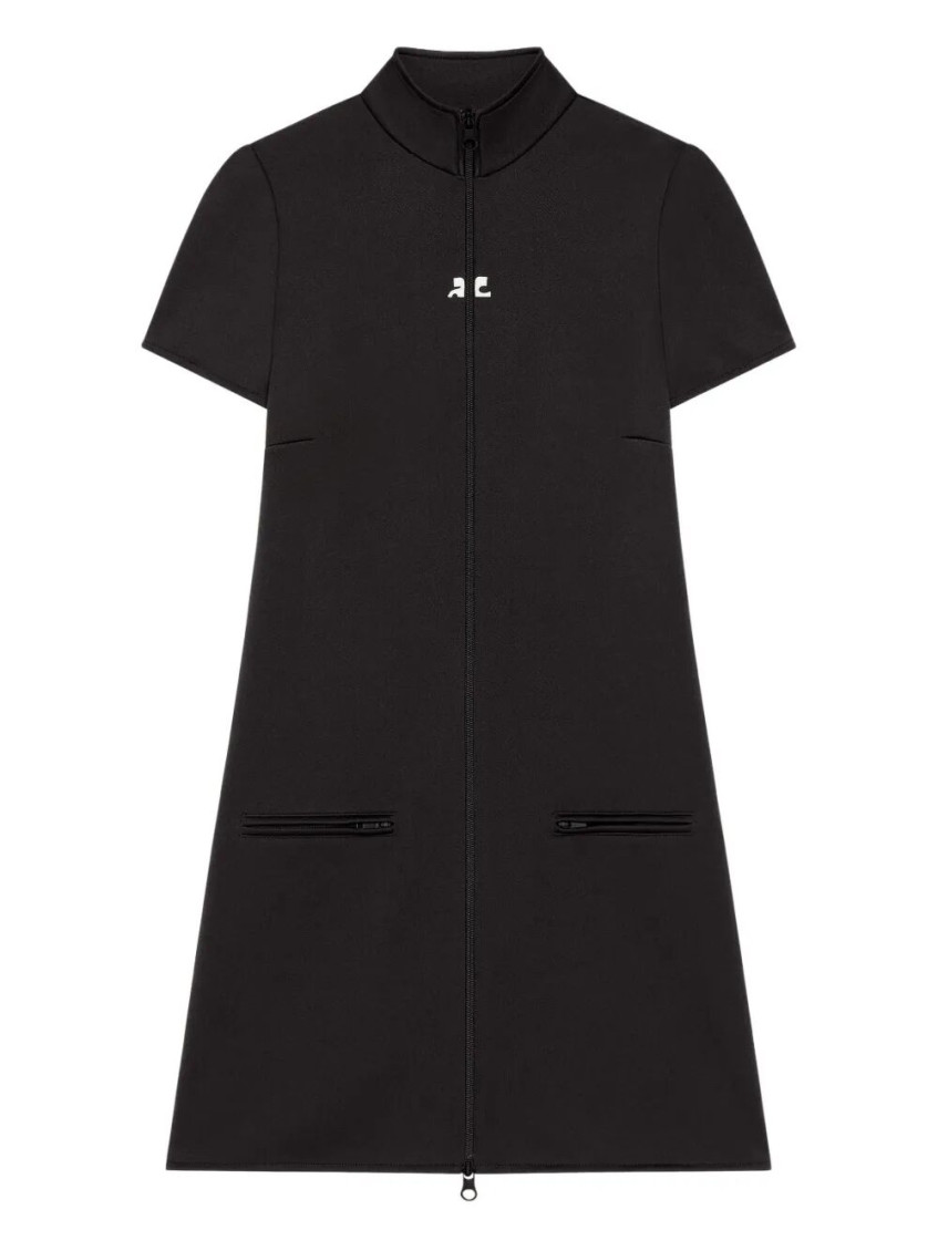 Courrèges Short Sleeve Dress With High Collar And Pockets In Black