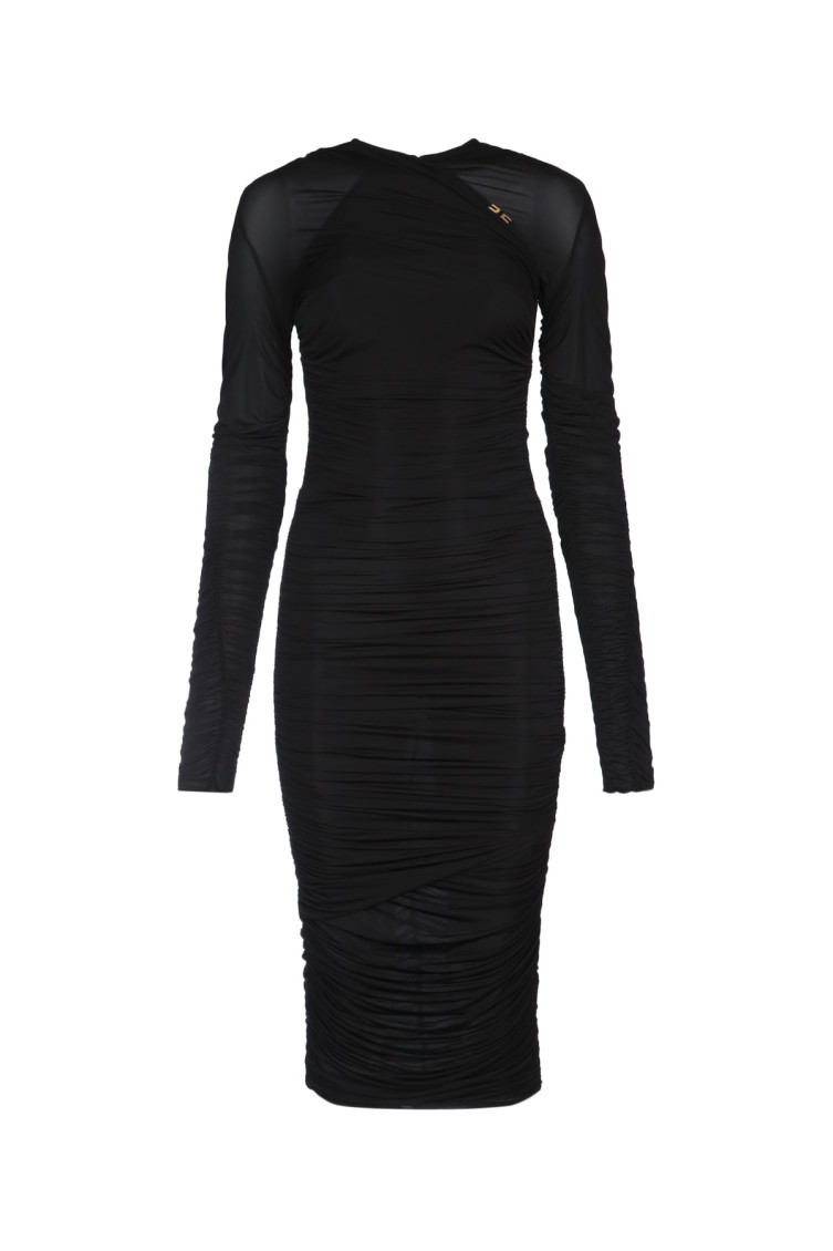 Elisabetta Franchi Long Sleeve Midi Dress With Sheer Fabric In Black