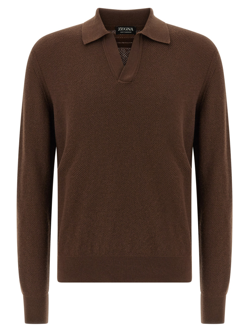 Zegna Cashmere Polo Sweater Textured Knit In Brown
