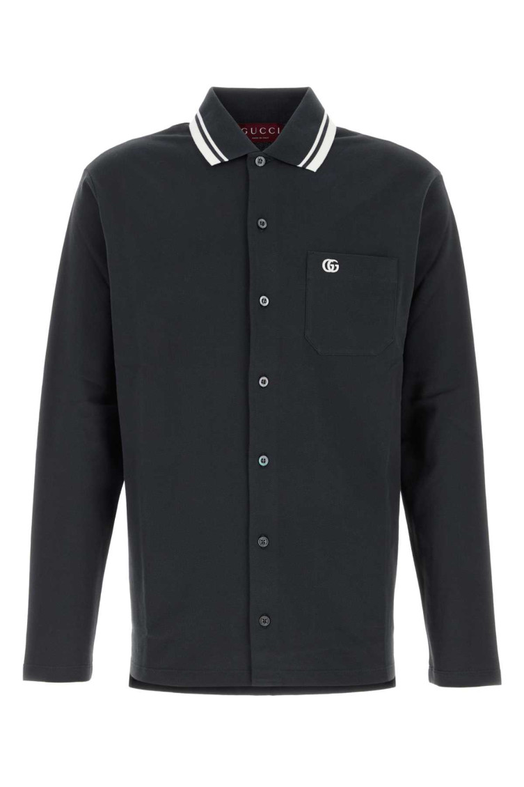 GUCCI DARK GREY EMBROIDERED COTTON PIQUET POLO SHIRT