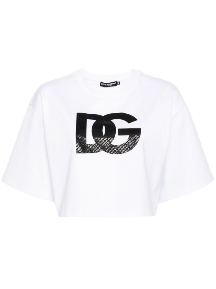 Dolce & Gabbana White Cotton Cropped T-shirt With Drop Shoulder And Logo Print For Women In White