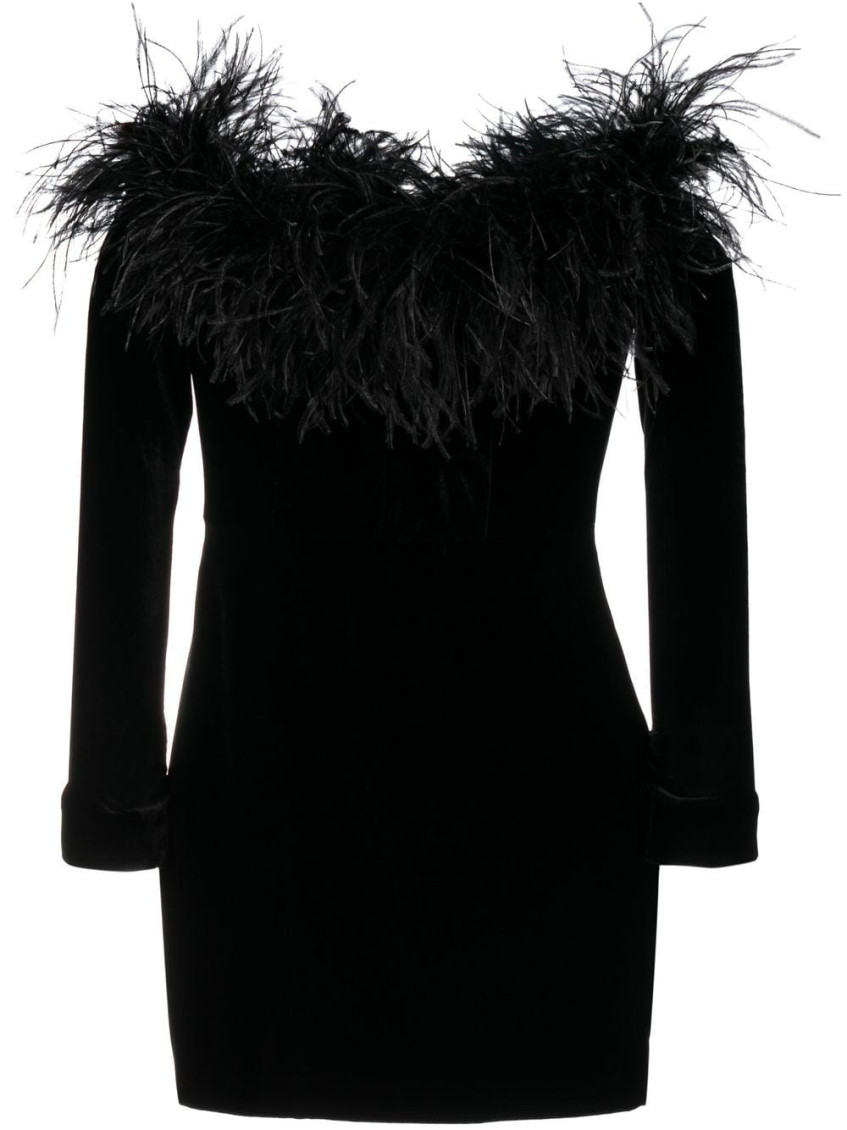 Alessandra Rich Feathered Off-the-shoulder Velvet Dress In Black
