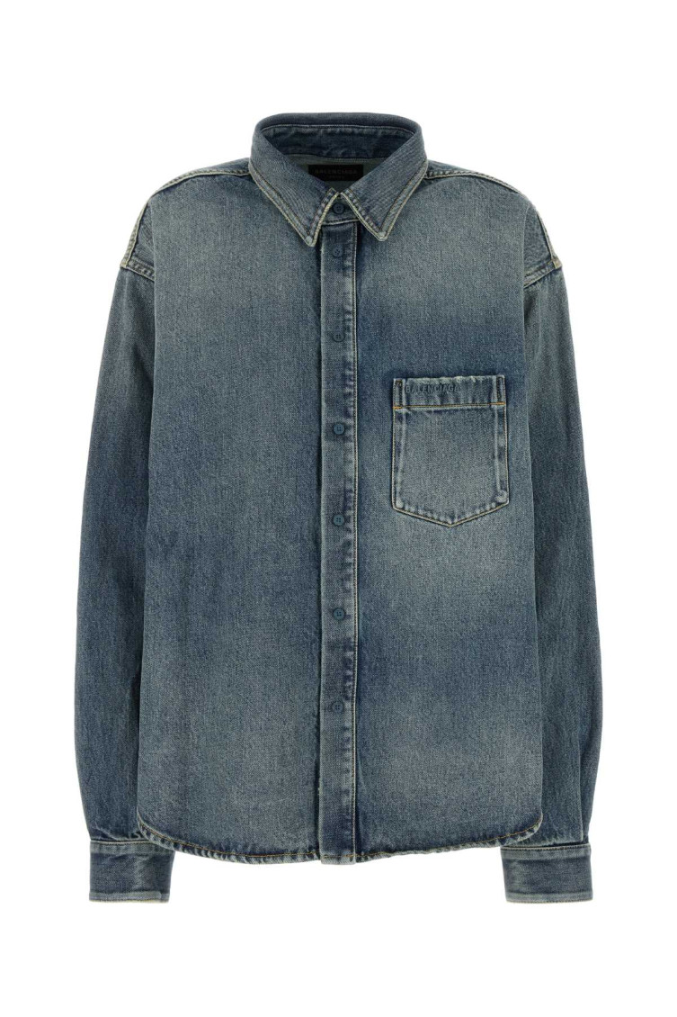 Balenciaga Blue Oversized Shirt With Chest Pocket And Washed Effect In Cotton Woman In Blue