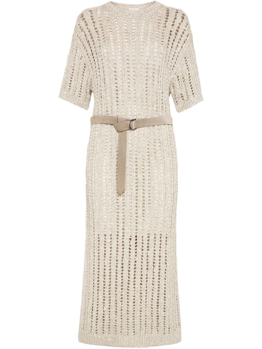 Brunello Cucinelli Waist Belt Crew Neck Knit Dress In Beige