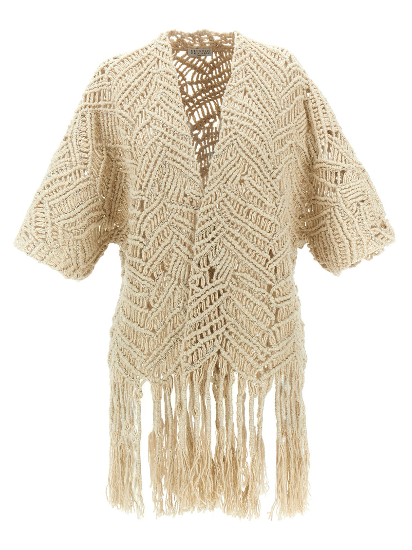 Shop Brunello Cucinelli Beige Opera Dazzling Macram Cardigan