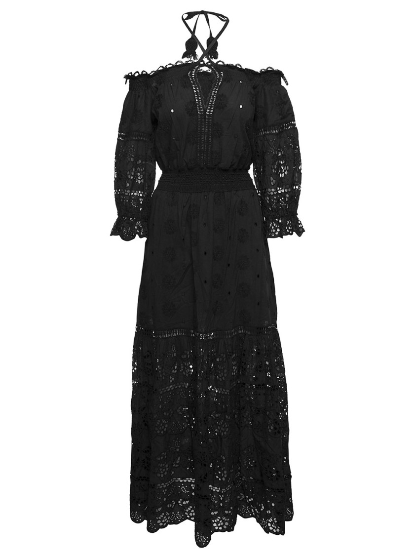 Temptation Positano Embroidered Off-shoulder Maxi Dress In Black Cotton In Black