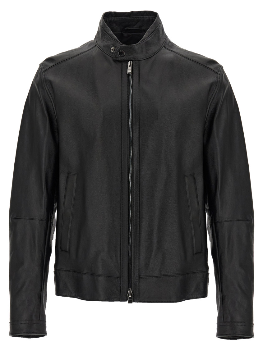 Hugo Boss Regular-fit Jacket In Grained Leather In Black