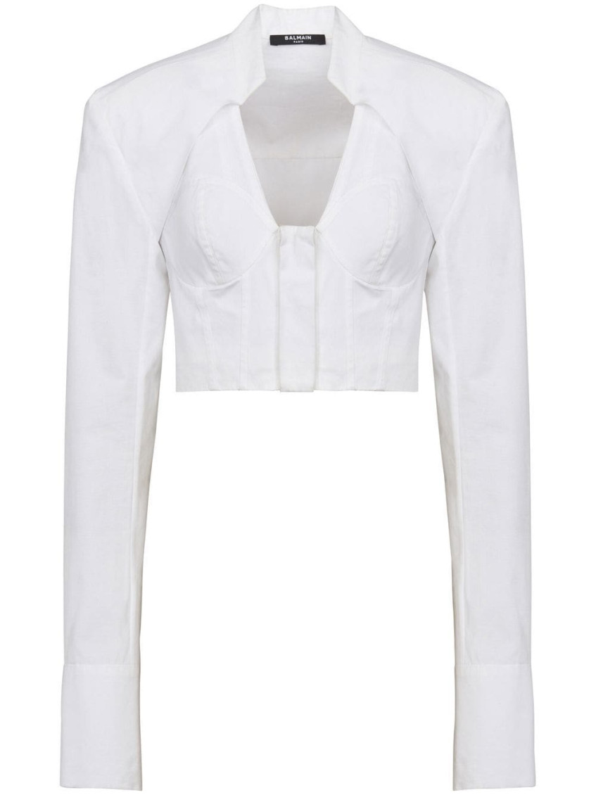 Balmain White Cotton Poplin Cropped Shirt In White