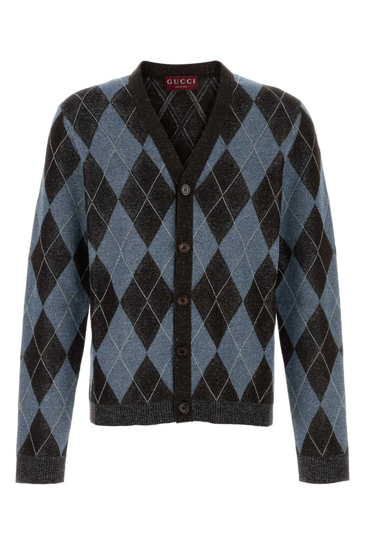 Gucci Wool Blend Cardigan With Embroidered Argyle Pattern