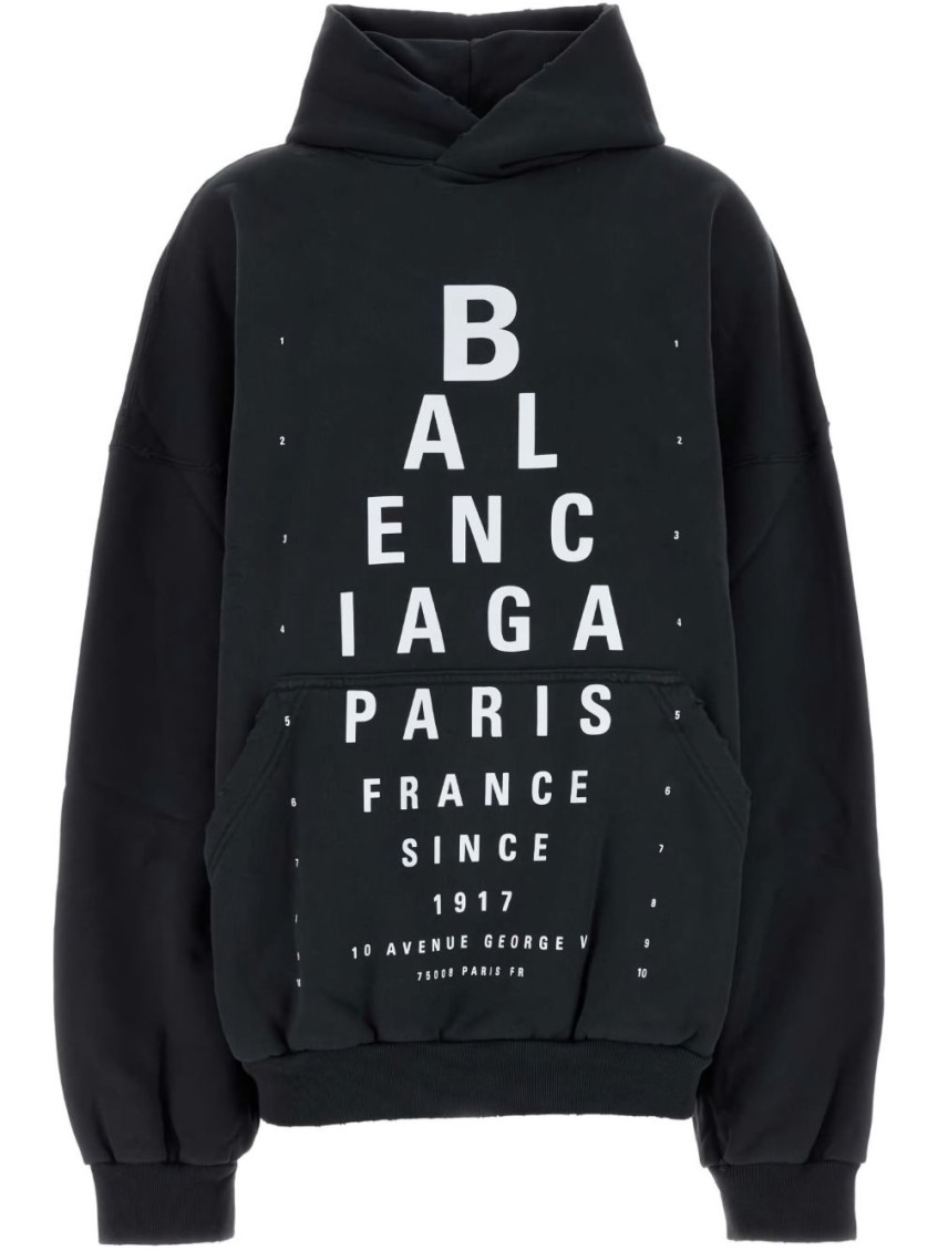 Balenciaga Washed Black Cotton Oversized Hoodie With Bold Graphics In Black