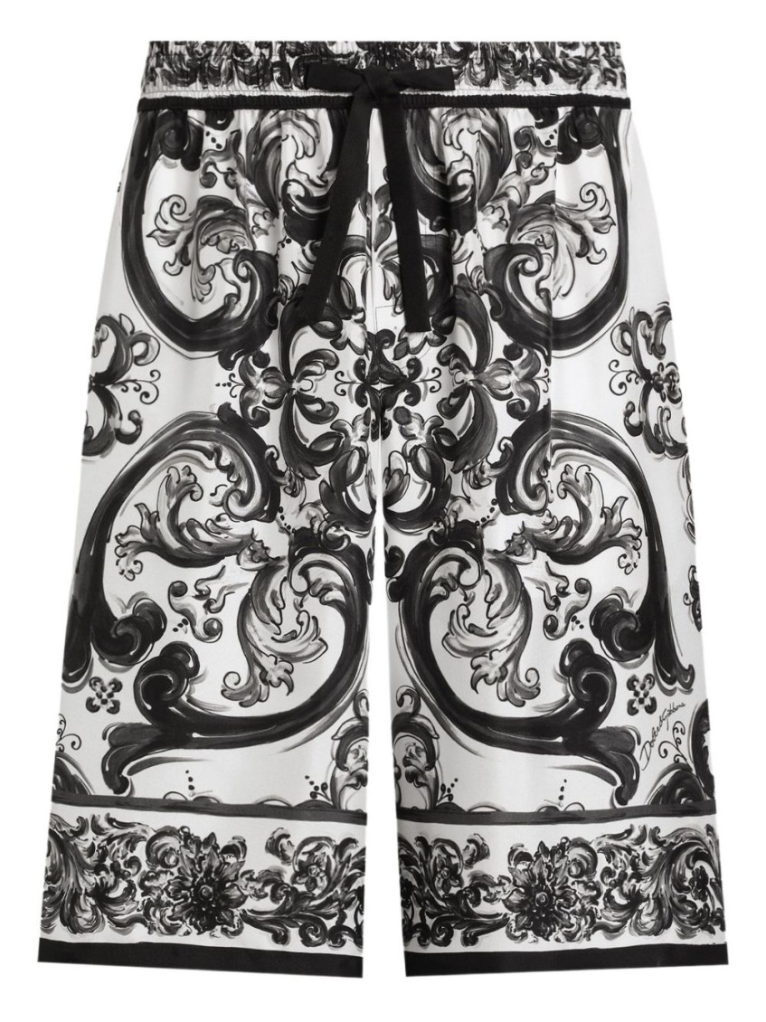 Dolce & Gabbana Maiolica Black And White Shorts With Elastic Drawstring Closure And All-over Print In Silk Man In Black