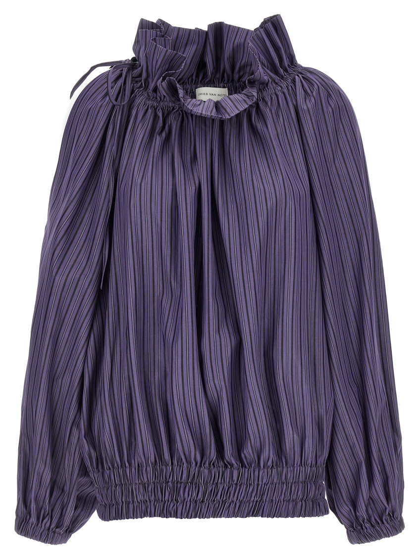 Dries Van Noten Frilled Top With Elasticated Hem And Long Sleeves In Blue