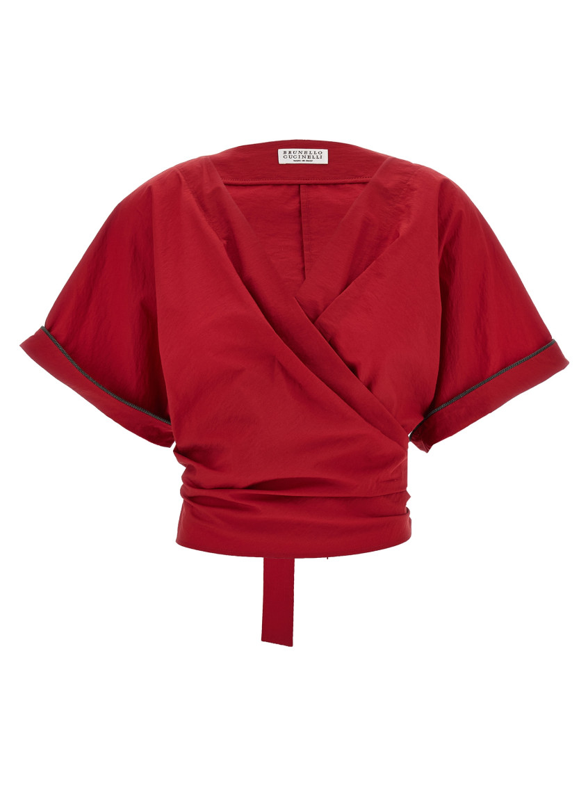 Brunello Cucinelli Red Shirt With V-neck And Monili Detail In Red