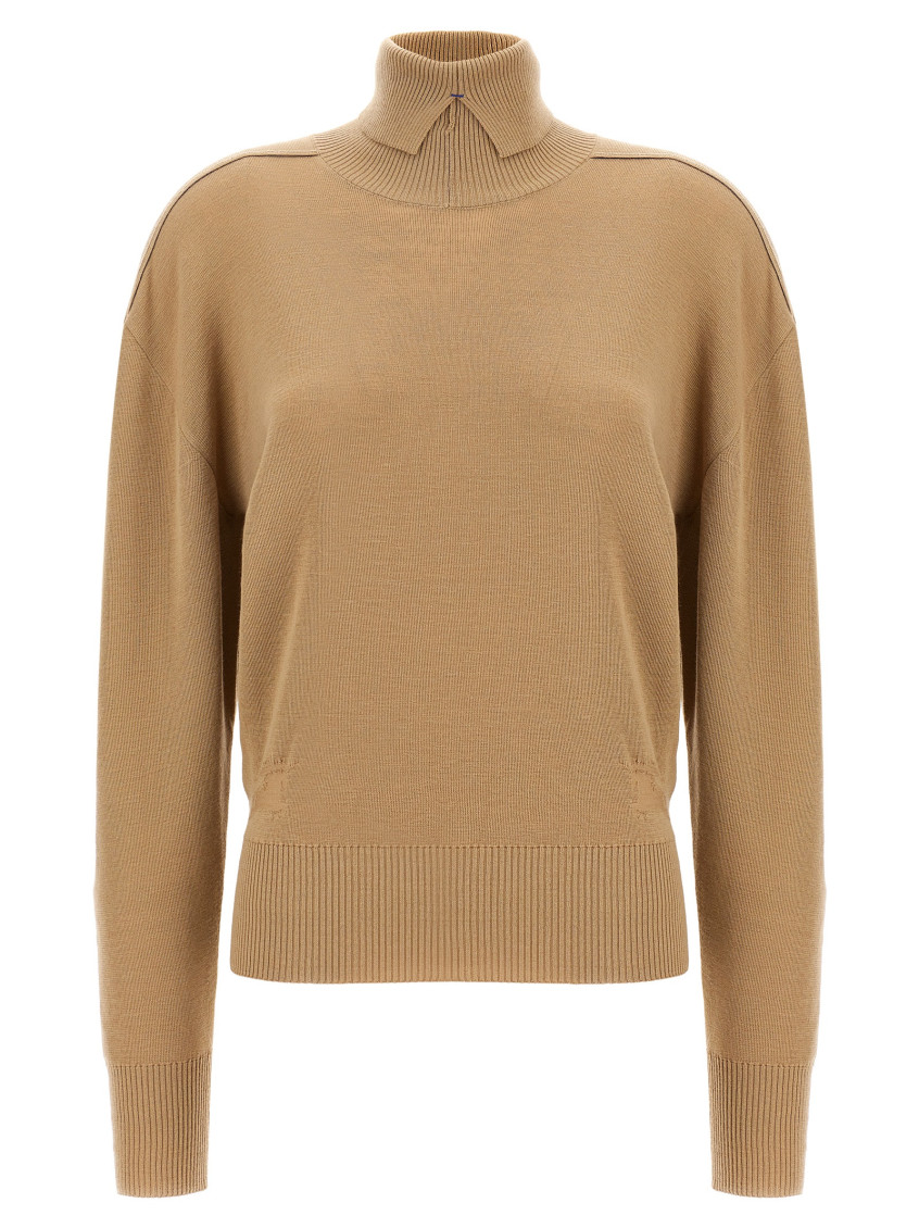 Burberry High-neck Wool Sweater With Logo Intarsia In Beige