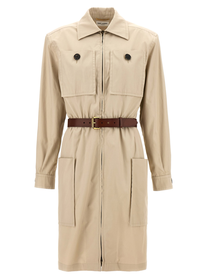 Saint Laurent Utility Dress With Belted Waist And Pockets In Beige