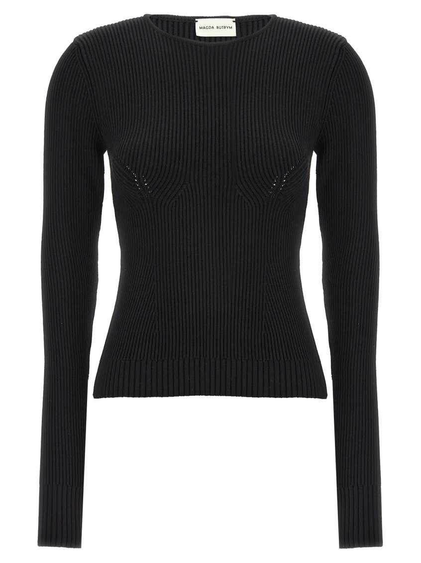 Magda Butrym Ribbed Viscose-blend Sweater With Sculptural Chest Detail In Black