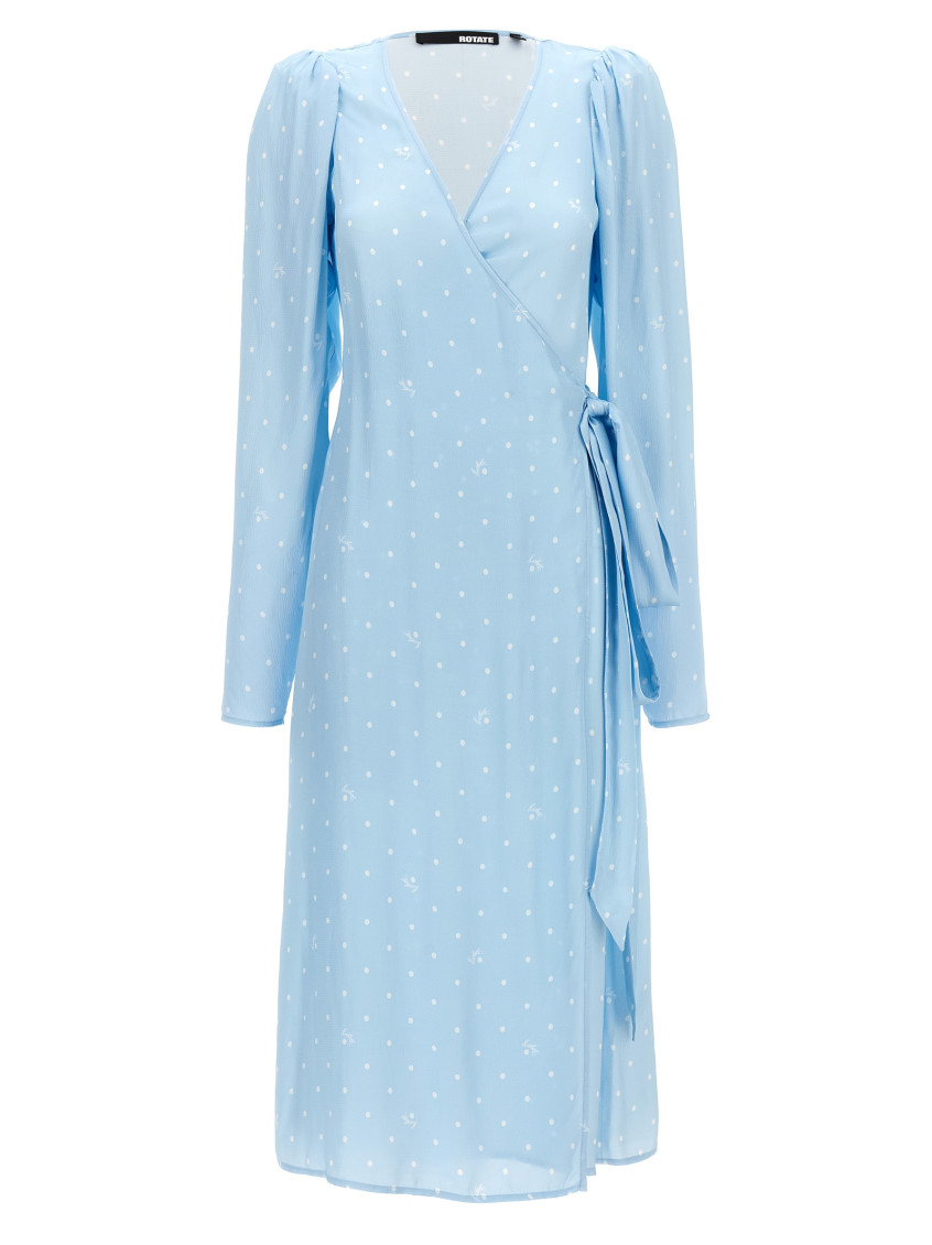 Rotate Birger Christensen Polka Dot Midi Wrap Dress With Pockets In Light Blue