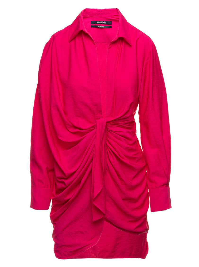 Shop Jacquemus Fuchsia La Robe Bahia Short Draped Shirt Dress