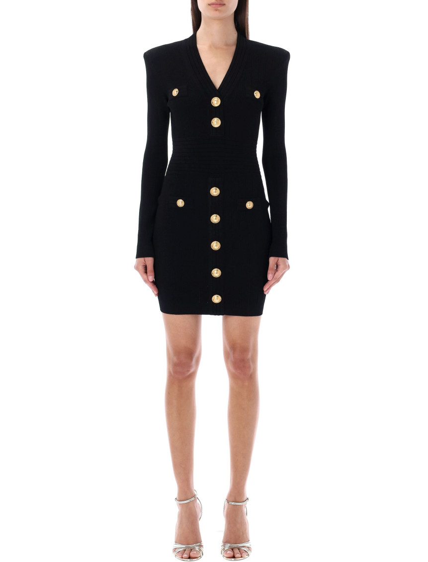 Shop Balmain Black Mini Dress V Neck Btn