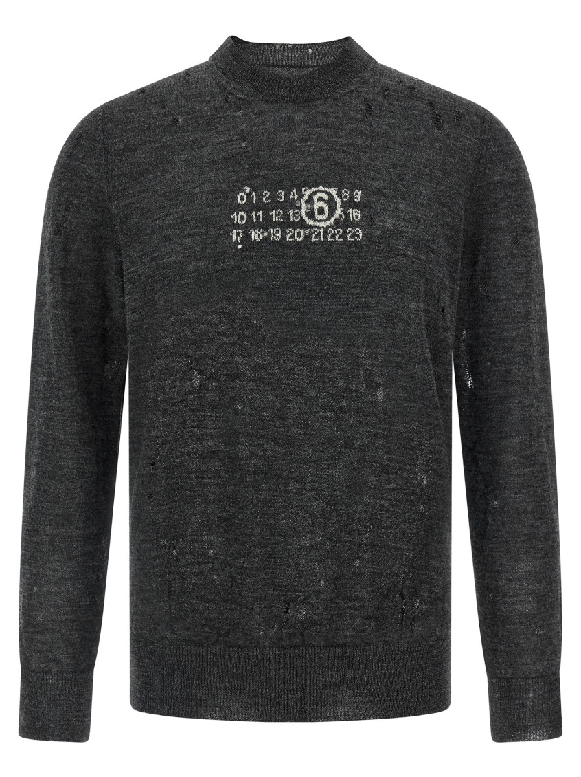 Mm6 Maison Margiela Distressed Dark Grey Knit Sweater In Gray