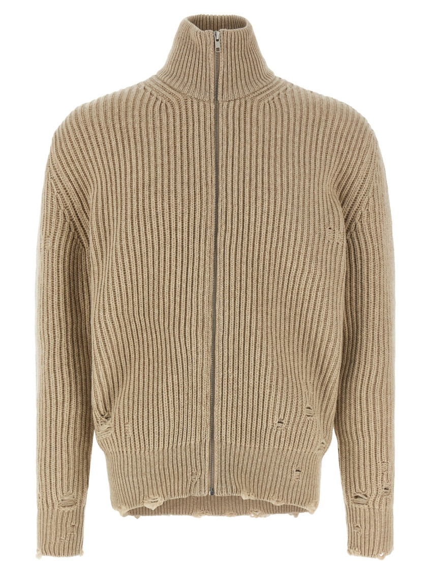 Mm6 Maison Margiela Distressed Wool Cardigan Sweaters And Cardigans Beige In Neutral