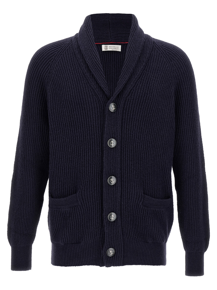 Brunello Cucinelli Shawl-collar Ribbed Cotton Cardigan In Blue