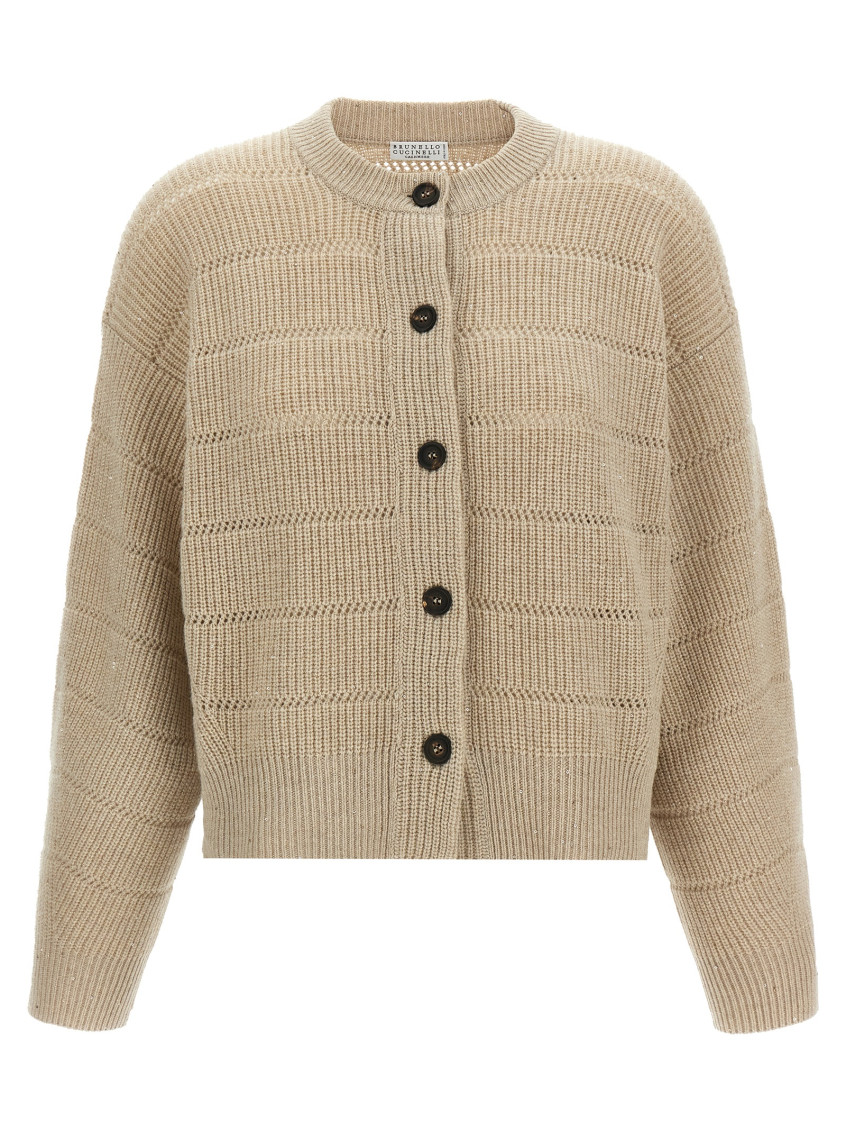 Brunello Cucinelli Beige Rustic Dazzling Net Cardigan In Metallic