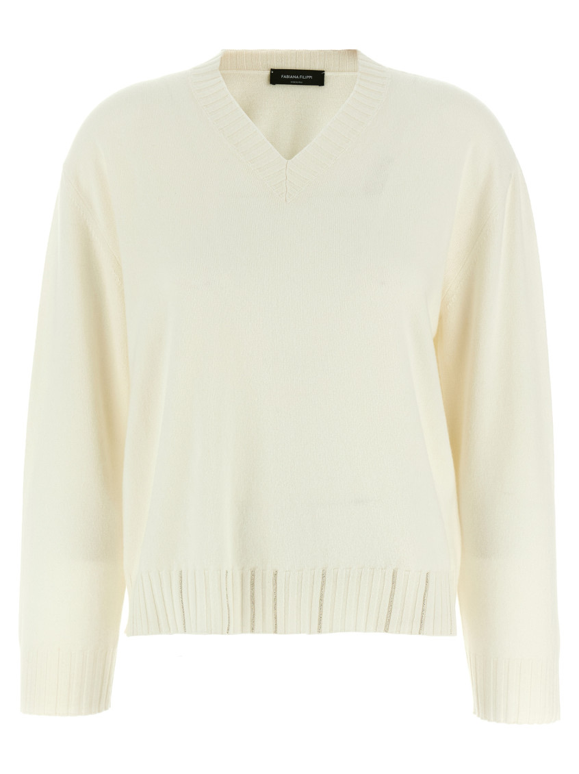 Fabiana Filippi Sweater V-neck Ribbed Cuffs Hem Neckline In Neutral