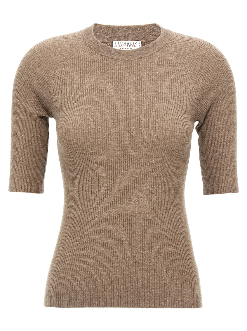 Brunello Cucinelli Shimmering Ribbed Crew Neck T-shirt In Brown