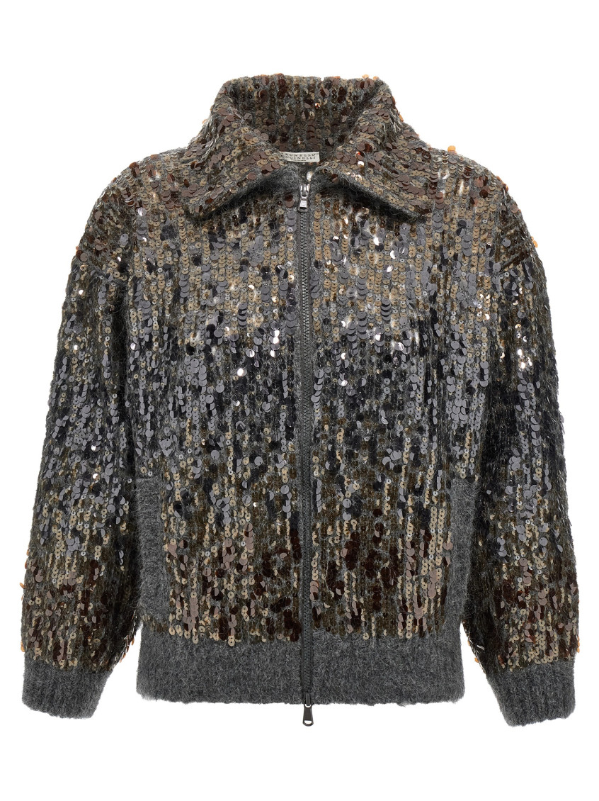 Brunello Cucinelli Mohair-blend Sequin-embellished Cardigan In Gray