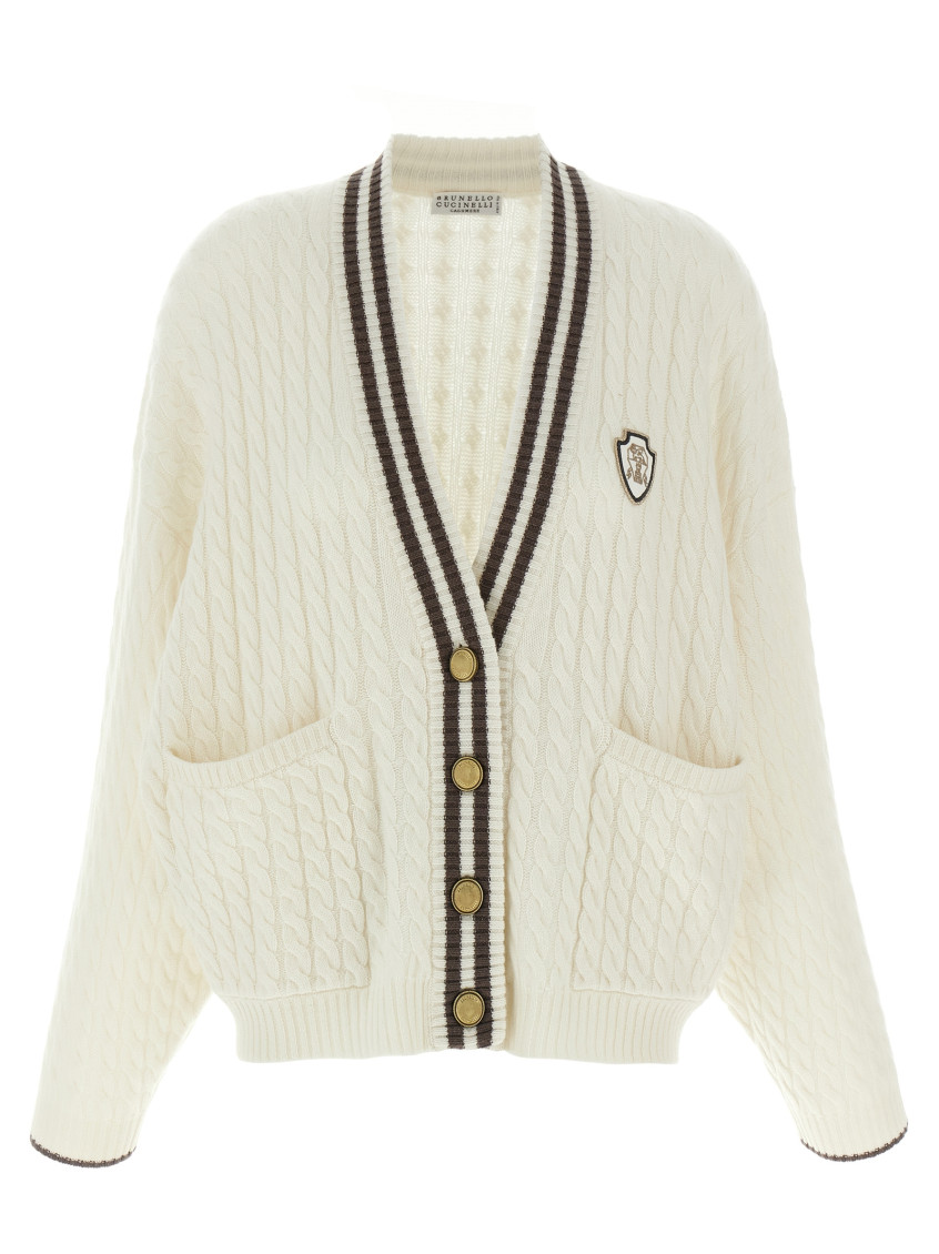 Brunello Cucinelli Cable Knit Cardigan With Patch Pockets In White