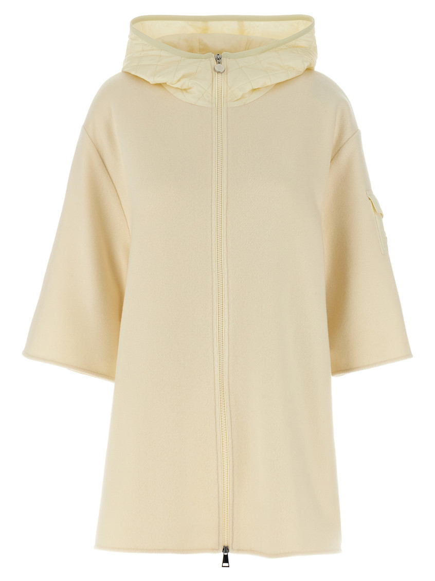 Moncler Two-material Cape With Padded Quilted Hood In White