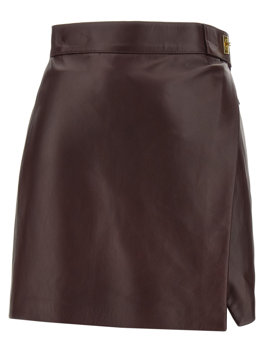 Elisabetta Franchi Leather Wrap Miniskirt Gold-tone Hardware In Brown