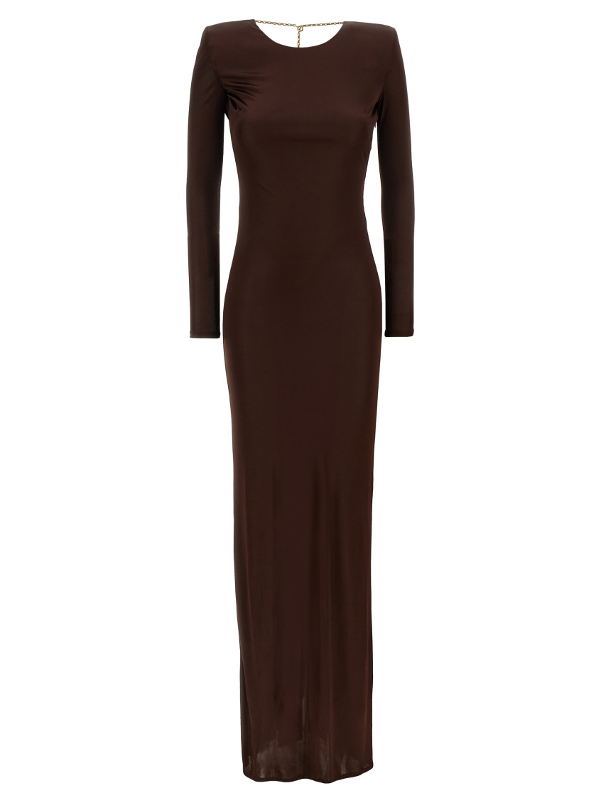 Elisabetta Franchi Draped Chain Detail Dress With Back Slit In Brown