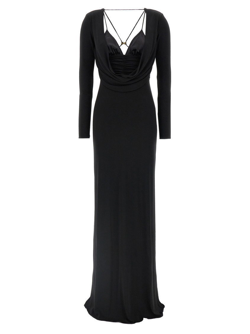 Elisabetta Franchi Draped Black Maxi Dress With Deep Neckline In Black
