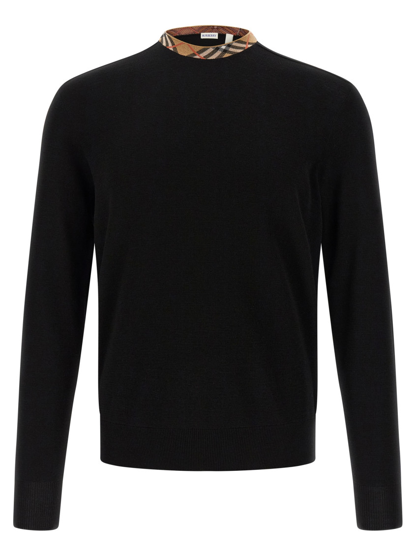 Burberry Crew Neck Knitwear With Distinctive Patterned Collar In Black