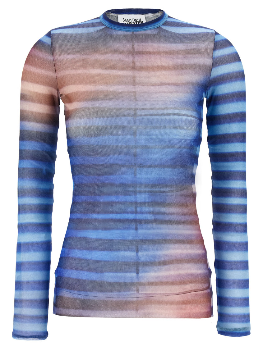 Jean Paul Gaultier Light Blue Mesh Printed Air Long Sleeves Top In Multi