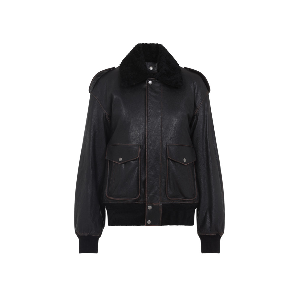 Saint Laurent Leather Bomber Jacket In Black