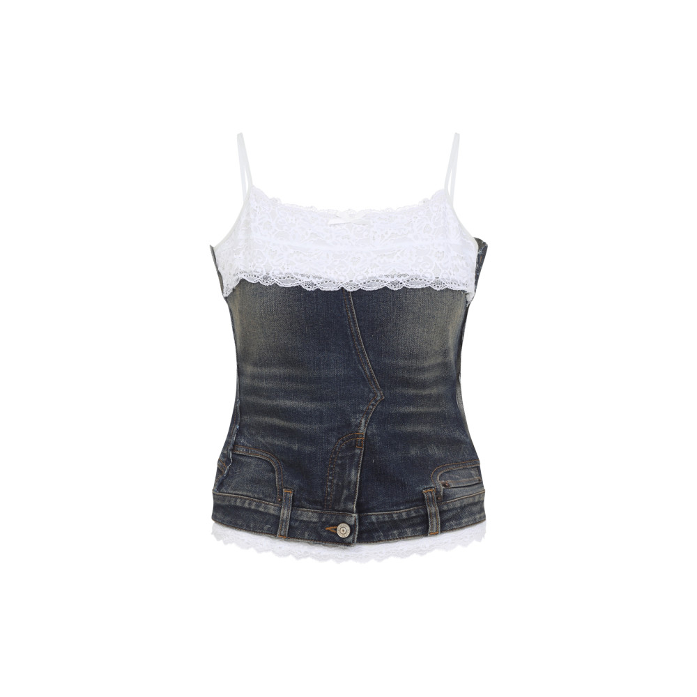 Balenciaga Denim Top With Lace Trim And Rhinestone Embellishments In Blue