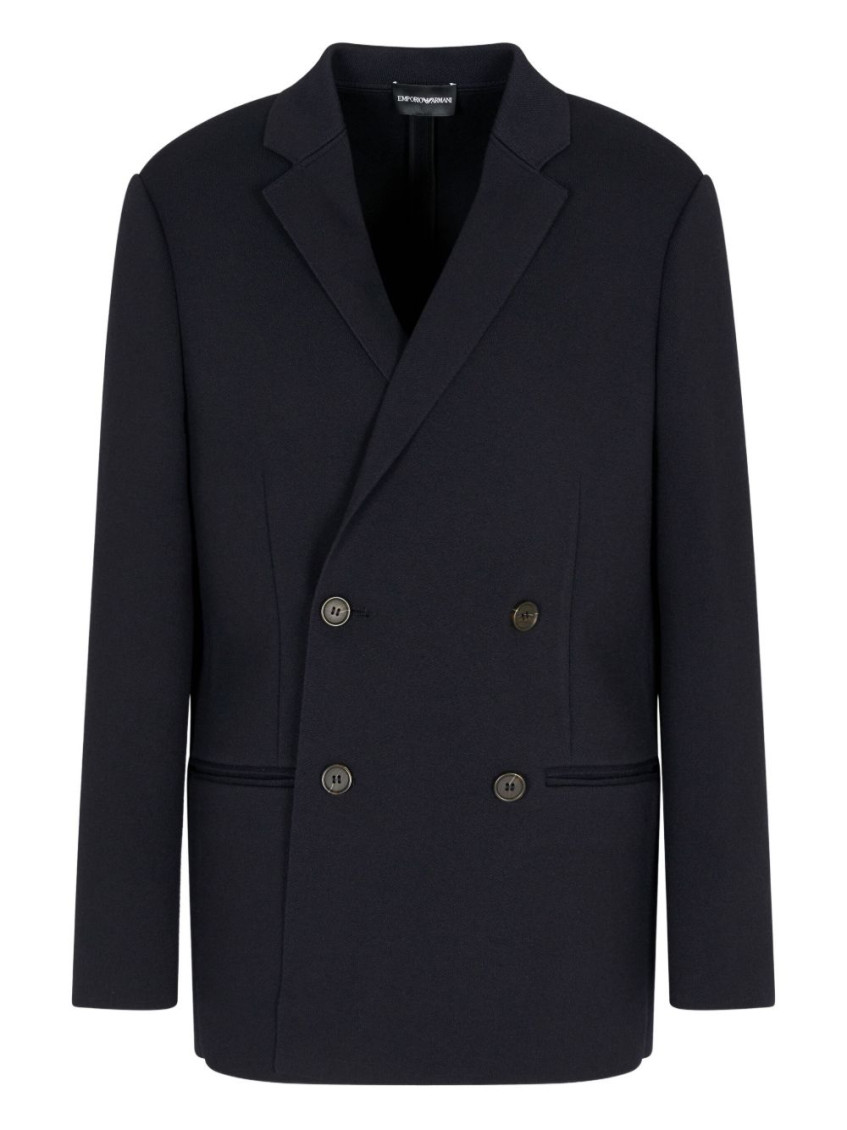 Emporio Armani Double-breasted Blazer In A Twill Bull Fabric In Blue
