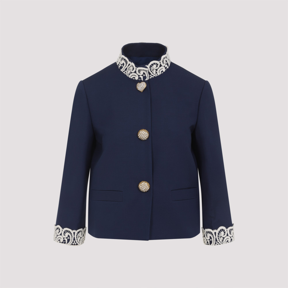 Valentino Guipure Lace-trimmed Wool And Silk-blend Twill Jacket In Blue