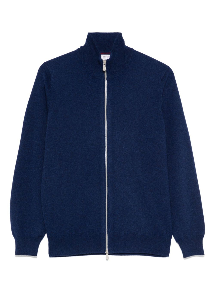 Brunello Cucinelli Cashmere High Neck Zip Cardigan In Blue
