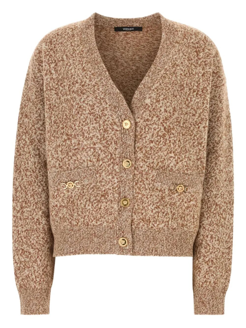 Versace Dual-tone Wool Blend Cardigan In Brown